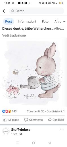 an image of a cartoon rabbit holding a watering can with flowers on it's side