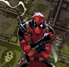 a deadpool character with two swords in his hands and the caption that reads, crazier than a sacka ferrets