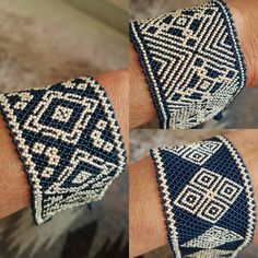 three different bracelets on someone's arm, one in blue and the other in white