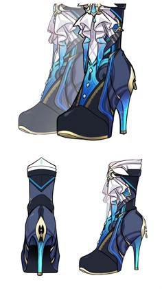 four different views of shoes with blue and white designs on the bottom, one is high heel