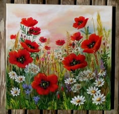 an oil painting of red poppies and daisies