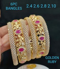 Important Note - Free Gift gold bangles on every single purchasing to all our customers. Please give us your bangle size in the order note and special note to wrote us. Thanks Happy Purchasing. Please mention your bangle size in the order not which one we give you as a free gift to all our customers on every single purchasing. Bangle size please gives us in - 2.2 inches, 2.4 inches 2.6 inches, 2.8 inches 2.10 inches This piece of bangles with rose gold polish looks so beautiful with every dress Ruby Bangles Indian, Gold Bangles Set, Rose Gold Bangles, Pearl Bangles, Ruby Bangles, Gold Bangle Set, Bridal Jewellery Design, Diamond Baguette, Bangles Gold