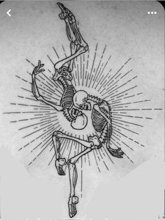 a drawing of a skeleton dancing with the sun shining through it's back legs