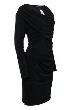 Go for a dramatic, glamorous look with this draped dress from Josie Natori! Made with a cowl neckline with plenty of elegant style, this is the perfect piece to wear with patent pumps and your best red lipstick. Get a bit Old Hollywood with this LBD! Size S 96% Polyester, 4% Elastane Sheath silhouette Large cowl neckline Draped design Long sleeve Material provides stretch Waist 25" Bust 30" Total length 42" Best Red Lipstick, Josie Natori, Designer Drapes, Glamorous Look, Draped Dress, Cowl Neckline, Red Lipstick, Old Hollywood, Black Long Sleeve