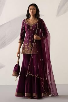 Shop for Sureena Chowdhri Purple Silk Chanderi Zardozi Work Kurta Gharara Set for Women Online at Aza Fashions Georgette Salwar Suit, Georgette Palazzo, Georgette Sharara, Asian Clothes, Desi Fits, Purple Suits, Georgette Dupatta, Suit Type, Desi Outfits