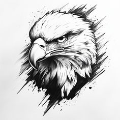 an eagle's head is shown in black and white with splatters on it