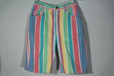 "Here's a great pair of colorful pastel colors cotton denim jean, quality tailored shorts by the high end Stuffed Shirt 80's / 90's vintage collector's made in U.S.A . label. You will love knocking about in these unique figure flattering vertical striped, medium rise summer long shorts! They are great for all outdoors activities and have a very original look and eye-catching appeal. They are in really great condition, too! Check out the photos and measurements and get this really great original Fun Multicolor Cotton Bottoms, Vintage Multicolor Bottoms With Pockets, Retro Cotton Bottoms For Spring, Fun Cotton Shorts For Spring, Retro Cotton Shorts For Spring, Fun Spring Bottoms With Pockets, Vintage Multicolor Bottoms For Spring, Vintage Multicolor Short Bottoms, Vintage Multicolor Short Length Bottoms