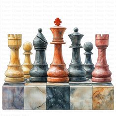 a watercolor painting of chess pieces on a checkerboard board, with one king in the middle