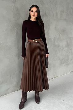 - Brown Pleated Midi Leather Skirt -  Product Details; The most popular Skirts of the season are waiting for you in the Vintage Vogue Vault. Brown Pleated Midi Length Leather Skirt will be indispensable for your combinations! Product Features: Pleated, zippered, midi length skirt. Fabric Content;   100% polyester Model Information; Model Height: 168 cm Model Weight: 54 kg Model Bust: 80cm Model Waist: 65cm Model Base: 95 cm Sizes may vary by 1-3 cm. Product Dimensions; Height: 91 cm Waist:66cm Sample Size: S Product Instructions for Use: Washing Instructions: Necessary washing instructions are included in the inner label section of the product. You can ensure longer-term use by following these instructions. Pleated Long Skirt Outfit, Long Pleated Skirt Outfit, Pleated Midi Skirt Outfit, Midi Rock Outfit, Brown Skirt Outfit, Midi Leather Skirt, Pleated Skirt Outfits, Autumn Skirt, Long Plaid Skirt