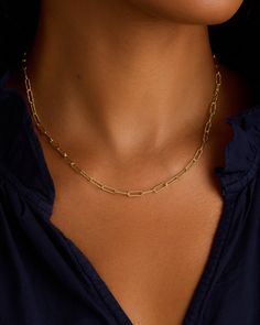 This stylish Crew Link Necklace features an interlocking link design and push hinge closure, making it easy to wear and perfect for layering with your favorite necklaces. Its beautiful textured detail adds a touch of elegance to any outfit. We love it layered with shorter, dainty gold chains for an easy, everyday layer. Crew Link Necklace in 18k Gold, Women's by gorjana Fine Jewelry Paperclip Chain Link Necklace, Fine Jewelry Paperclip Chain Necklace, Everyday Chain Link Necklace With Spring Ring Clasp, Everyday Fine Jewelry Paperclip Chain Necklace, Short Layer, Turquoise Birthstone, Long Layer, Earrings Stacking, Chain Layering