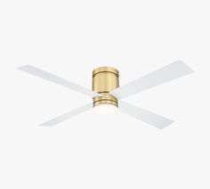 a ceiling fan with two white blades and a light fixture on the top of it