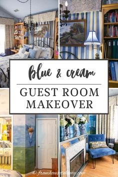 blue and cream guest room makeover Blue And Cream Bedroom, Black Walls Bedroom, Cream Bedrooms, Guest Bedroom Makeover, Blue Bedroom Decor, Guest Bedroom Design, Sewing Room Storage, Glam Bedroom