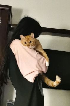 an orange cat sitting on top of a woman's back