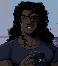 an animated image of a woman with curly hair holding a cell phone in her hand