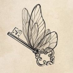 a drawing of a key with wings attached to it