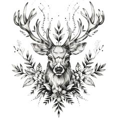 an ink drawing of a deer with flowers and leaves around it's antlers