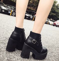 Department Name: Adult Item Type: Boots Upper Material: PU Boot Height: Ankle Closure Type: Lace-Up Boot Type: Motorcycle boots Toe Shape: Round Toe Heel Height: Super High (8cm-up) Heel Type: Square heel Season: Spring/Autumn Pattern Type: Solid Outsole Material: Rubber With Platforms: Yes Platform Height: 5-7cm is_handmade: Yes Fashion Element: Buckle Heel Height: 11cm Leather Style: Soft Leather Platform Height: 5cm Fall High Heel Lace-up Boots With Stacked Heel, High Heel Black Martin Boots In Faux Leather, Black High Heel Martin Boots In Faux Leather, Punk Style Chunky Platform Ankle-high Martin Boots, Edgy High Heel Lace-up Boots For Fall, Punk Style Platform Heeled Boots With Round Toe, Trendy Ankle-high Moto Boots With Stacked Heel, Punk Ankle-high Martin Boots With Chunky Platform, Punk Style Chunky Platform Martin Boots