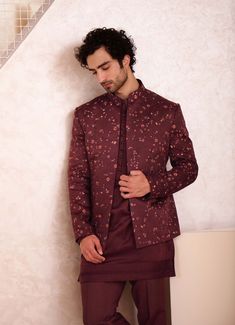 Editor's Note Showcasing The Infamous Kashmiri Jamawar Hand Embroidery On Our New Wine Short Jacket Set. Paired Tone-on-tone Short Kurta And Tapered Trousers. Fabric: Linen Silk Color: Wine Component: Jacket, Kurta, Trousers Care: Dry Clean Only About the Designer After establishing himself as the leading couturier in the industry of menswear, Jatin Malik went on to explore luxury footwear. You can order online these amazingly designed handmade shoes that are being offered in classy Caligae and Festive Long Sleeve Winter Sets, Festive Nehru Jacket With Floral Embroidery And Stand Collar, Traditional Long Sleeve Suits With Floral Embroidery, Red Long Sleeve Nehru Jacket For Eid, Fitted Red Nehru Jacket With Zari Work, Semi-formal Long Sleeve Nehru Jacket For Fall, Fitted Nehru Jacket With Floral Embroidery, Fitted Nehru Jacket With Floral Embroidery And Stand Collar, Festive Red Nehru Jacket With Resham Embroidery