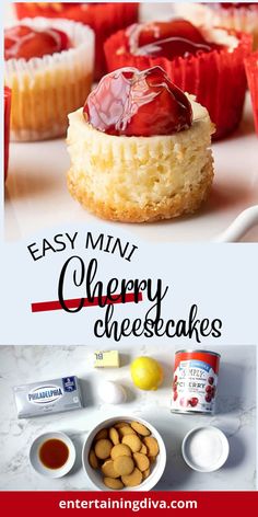 Easy Mini Cherry Cheesecakes | Easy Dessert Recipes Mini Cheesecakes Pies, Diy Mini Cheesecake, Mini Cherry Tarts Recipe, Mini Cherry Cheesecake Recipes, Mini Cherry Desserts, Girls Night Dessert Ideas, Mini Cheesecakes With Vanilla Wafers, Easy Bite Size Desserts, Bite Size Cheesecake