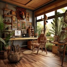 an artist's rendering of a room with wooden floors and lots of pictures on the wall