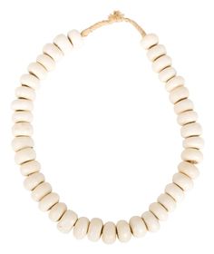 a white beaded necklace with wooden beads on a string and an adjustable clasp closure