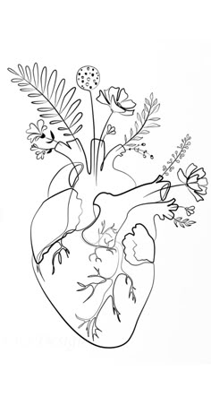 a black and white drawing of a heart with flowers