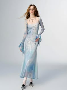 Of Akiva Ethereal Sky Blue Watercolor Maxi Dress Set - Women's Spaghe Ethereal Sky, Dress Outer, Sky Blue Dress, Sleeve Bolero, Blue Aurora, Fishtail Skirt, Angel Dress, Fishtail Dress, Blue Lotus