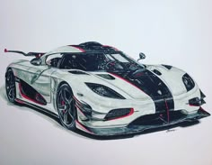 a drawing of a white sports car with red and black stripes on the front end