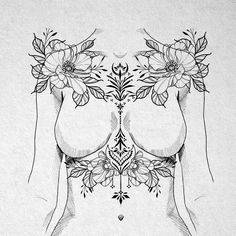 a black and white drawing of a woman with flowers on her chest, in the shape of a bra