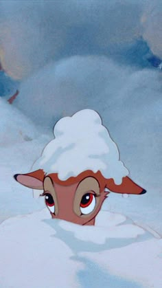 an animated sheep is peeking out from the snow