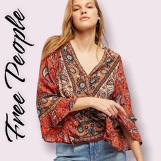 New With Tags Free People Wrap Blouse With Bell Sleeves Very Chic, Gorgeous And Boho Style You Can Dress Up Or Down. Great For Travel, Vacation. Stunning Colors And Print Great For Photography, Social Media. Measurements Are Approximate All Actual Photos Hippie Boho Print Tops, Red Paisley Print Top For Vacation, Red Boho Print Tops For Vacation, Red Hippie Tops For Vacation, Boho Tops For Women, Trendy Paisley Print Blouse, Red Boho Print Top For Festivals, Bohemian Paisley Print Tops, Red Bohemian Tops With Paisley Print