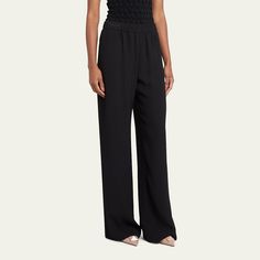 Valentino Garavani silk wide-leg pants  High rise Elasticated waistband Four-pocket style Relaxed fit Full length Pull-on style Silk Made in Italy Silk Wide Leg Pants, Valentino Garavani, Leg Pants, Top Designers, Wide Leg Pants, Elastic Waist, Full Length, Tops Designs, High Rise