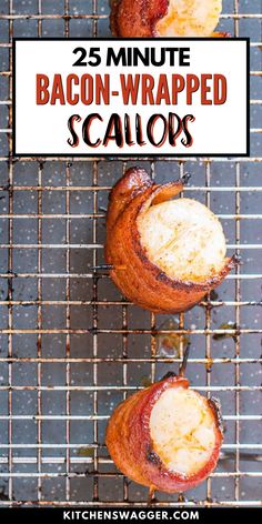 bacon wrapped scallops on a wire rack with text overlay