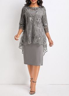 Lace Outer Dresses, Vestiti In Jeans, Latest Dress For Women, Gaun Fashion, Round Neck Dress, Lace Layers, Grey Lace, Mother Of Groom Dresses, فستان سهرة