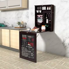 a kitchen with marble walls and flooring has a chalkboard cabinet in the corner