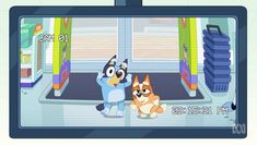 an animated dog and cat standing in front of a tv screen with the caption's name on it