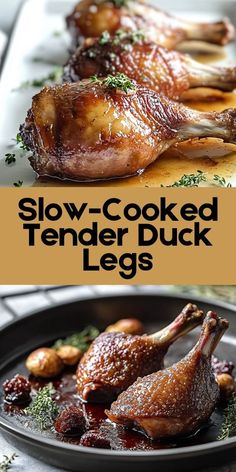 slow cooked tender duck legs in a skillet with garnishes on the side