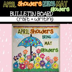 a bulletin board with flowers and an umbrella