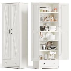 two white cupboards with doors open and dishes in them