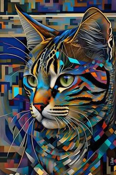 a painting of a cat's face with blue, yellow and orange colors on it