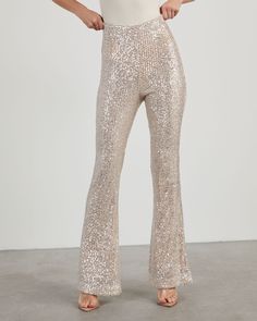 Cream % Diva Sequin Flare Pants-3 Flare Sequin Pants, Sequence Pants, Sparkly Pants, Sequin Flare Pants, Last Disco, Sheer Pants, Elephant Pants, Neutral Tops, Sequin Pants