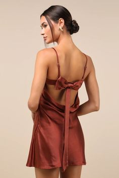 Rust Brown Mini Dress - Satin Mini Dress - Cowl Back Slip Dress - Lulus Brown Hoco Dress, Drape Dresses, Satin Hoco Dress, Mini Dress Satin, Bow Mini Dress, Brown Mini Dress, Trendy Bows, Cute Homecoming Dresses, Hoco Dress