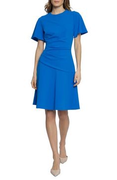 Fluttering sleeves frame this sophisticated dress designed with soft side pleats and a flouncy flared skirt. 38 1/2" length Hidden back-zip closure Jewel neck Short sleeves Lined 96% polyester, 4% spandex Machine wash, dry flat Imported Side Pleated Dress, Sophisticated Dress, Maggy London, Jewel Neck, Flared Skirt, Ocean Blue, Nordstrom Dresses, Flare Skirt, Pleated Dress