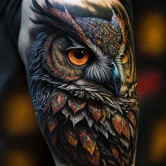 an owl tattoo on the arm with orange eyes and black feathers, is shown in this image