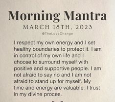 a piece of paper with the words morning mantra written on it