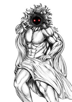 a drawing of a man with red eyes in the middle of his body and torso