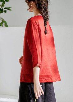 Red Oriental O-Neck Summer Ramie ShirtsFabric: Ramie100% LinenSize & Fit: Fit: This garment fits true to size.Length: Size L measures 24.18"from shoulder to hemBust: Great for any cup size. Waist: Loose Fit. Comfortable room throughout midsection.Hip: Loose Fit - room for hips. Hand Wash Cold. Red Long Sleeve T-shirt For Spring, Red Plain Long Sleeve Tops, Red Long Sleeve Plain Top, Casual Red Half Sleeve Tops, Casual Solid Color Tops With 3/4 Sleeves, Solid Color Half Sleeve Relaxed Fit Tops, Red Crew Neck Blouse For Fall, Red Relaxed Fit Long Sleeve Blouse, Casual Relaxed Fit Tops With 3/4 Sleeves