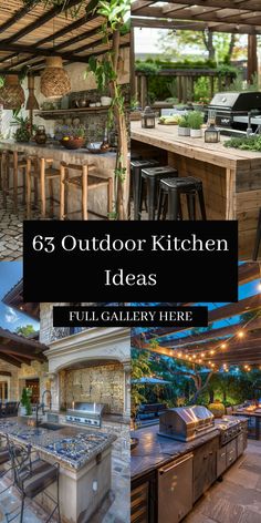 an outdoor kitchen with lots of counter space and seating for people to sit at the table