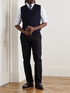 Opting for timeless over trend-led, Polo Ralph Lauren creates pieces that'll stay in your wardrobe for the long haul. This cotton sweater vest has been cable-knit for texture and is embroidered with the signature polo player in contrasting threads. Balance out its preppy feel by styling yours with cargo trousers. Casual Cotton Cable Knit Outerwear, Casual Cable Knit Cotton Outerwear, Classic Cotton Cable Knit Polo Sweater, Black Cotton Polo Sweater For Work, Casual Cable Knit Polo Sweater For Work, Classic Cotton Cable Knit Outerwear, Cable Knit Cotton Polo Sweater For Fall, Fall Cotton Cable Knit Polo Sweater, Classic Cable Knit Cotton Outerwear