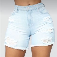 Fn Light Wash Distressed Denim! Nwt!! Size 7! Medium Strech! Great For Summer! *Shorts Look Lighter In Picture* Exclusive Offer: Buy 1, Get 1 Free!! Choose Free Item Of Less Then Or Equal Value ($15) Army Green Jeans, Distressed Bermuda Shorts, Fashion Nova Shorts, Cuffed Denim Jeans, 70 Fashion, Ladies Pants, Ripped Jean Shorts, Ripped Denim Shorts, Shorts Fashion